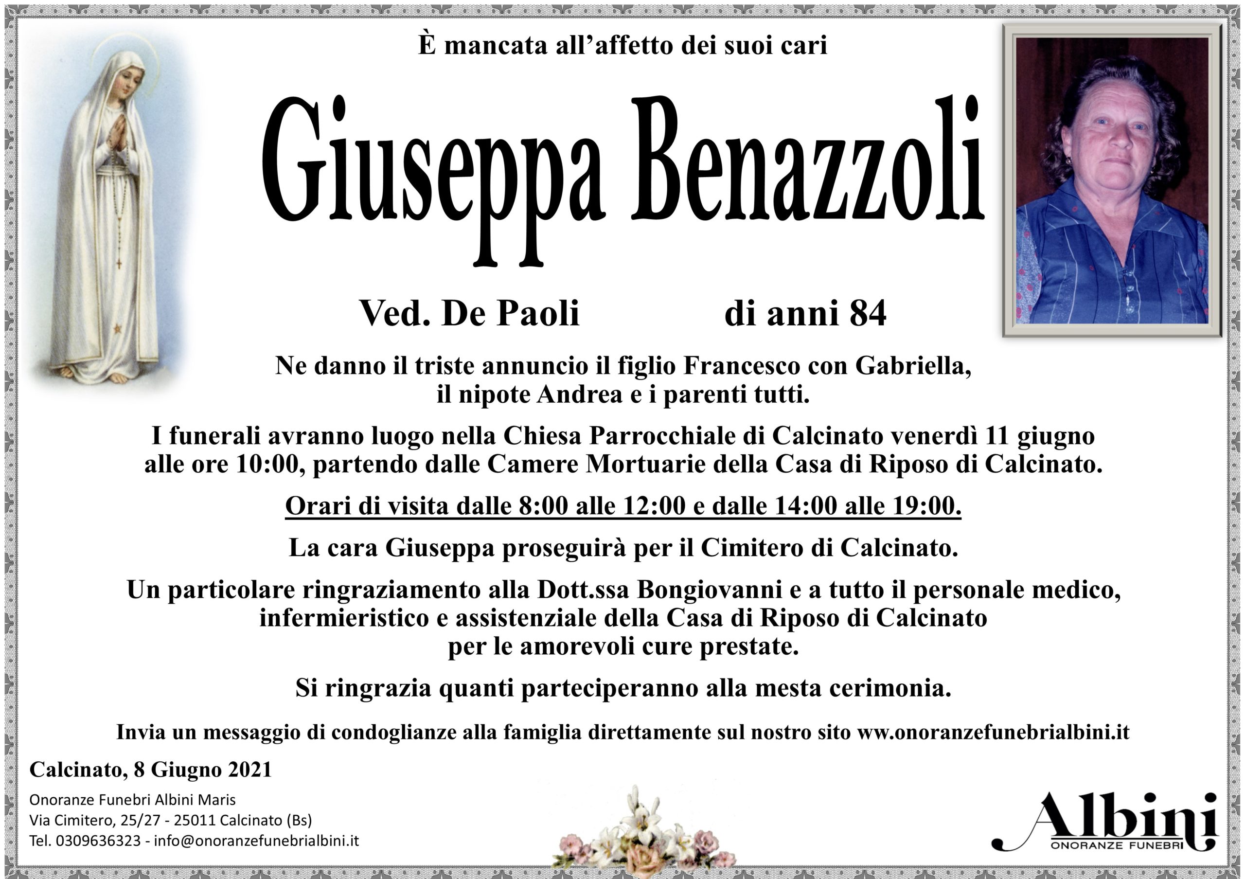 Necrologi | Calcianto e Provincia | Onoranze Funebri Albini